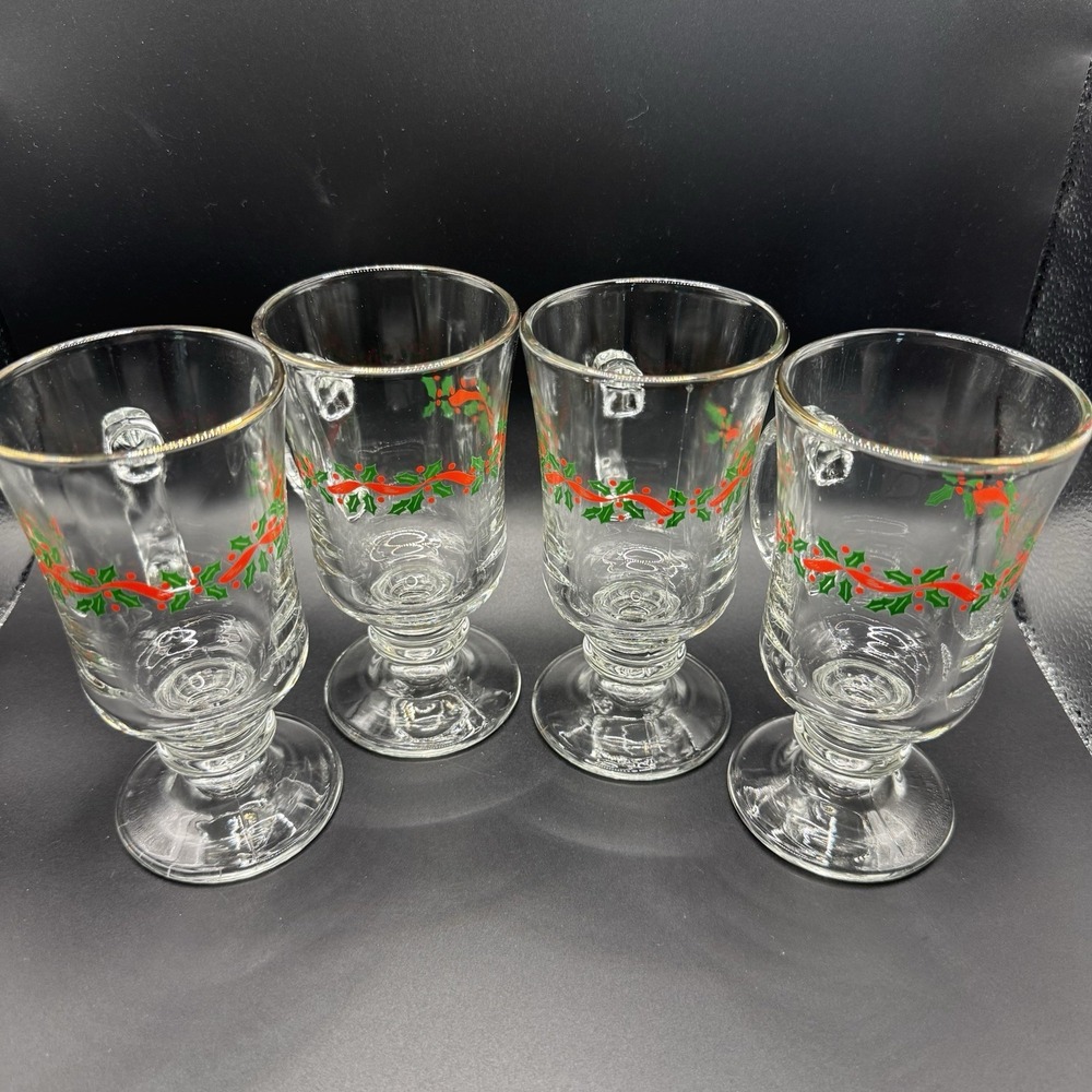 Libbey Holly Berry Christmas Stemmed Irish Coffee Glasses 8 oz Gold Rim Set of 4